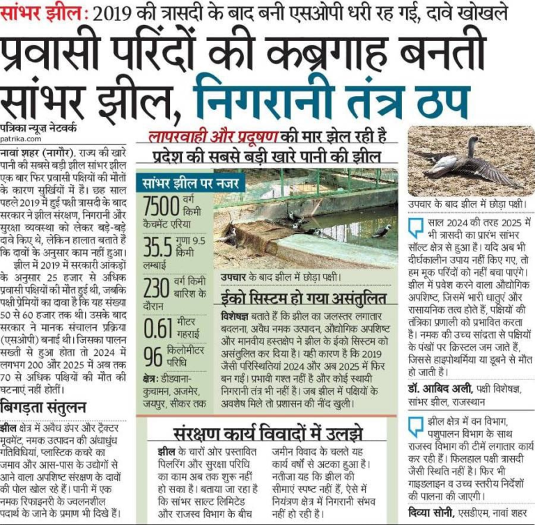 विश्व विख्यातसांभर झील में प्रवासी पक्षियों की मृत्यु होना झील के संरक्षण को लेकर किए जा रहे तमाम सरकारी दावों को फेल साबित करते है |