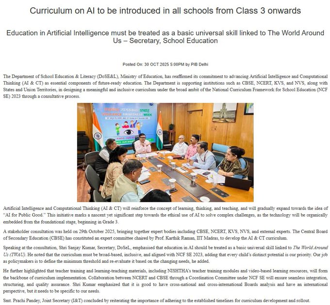 Curriculum on AI to be introduced in all schools from Class 3 onwards.